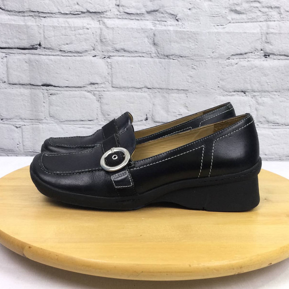 Indigo Women's Leather White Stitch Square Toe Buckle Slip On Wedge Loafer 7M - Picture 3 of 16